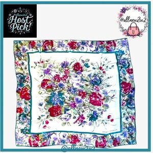 Pierre Balmain Silk Floral Blues Pinks Reds Greens on White Scarf